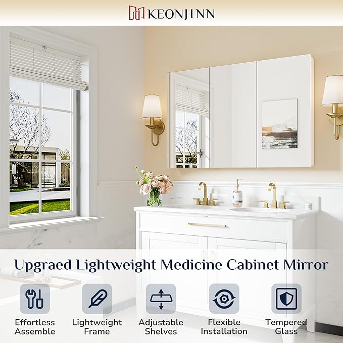 Keonjinn 48 x 32 Inch Large Medicine Cabinet Mirror, Assembly Required, White Bathroom Medicine Cabinets, Aluminum Framework, Adjustable Shelves, Tempered Glass, Soft Closing, Recessed or Wall Mount