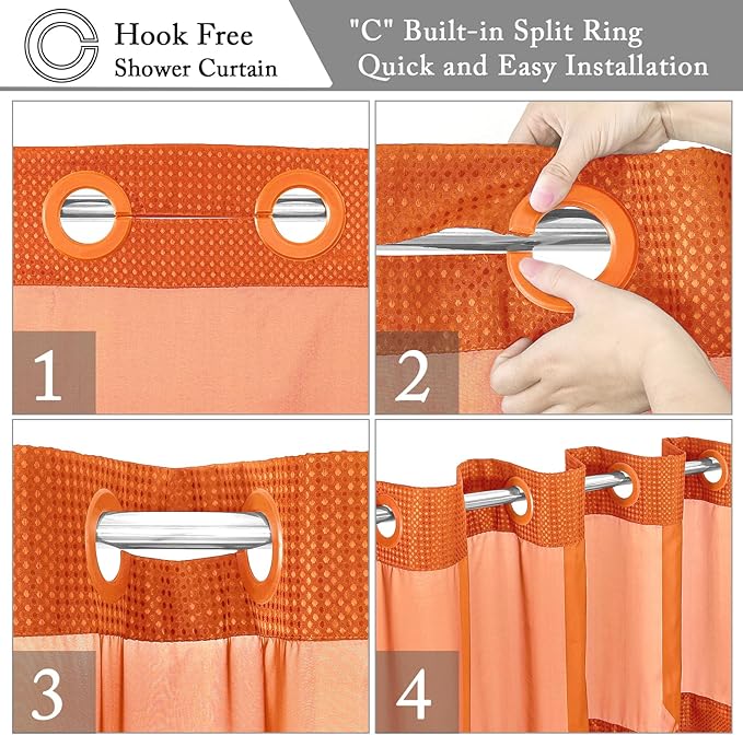 Gibelle Long Shower Curtain 72x80, Waffle Weave Bathroom Shower Curtain with Snap-in Fabric Liner Set, No Hooks Needed, Hotel Style with Mesh Top Window, Burnt Orange
