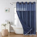 No Hook Long Shower Curtain Set with Snap-in Fabric Liner,Linen Textured Thick Striped Fabric with Tassels,Boho Farmhouse Rustic Luxury Bathroom Curtain,Water-Repellent,Navy Blue,71x80