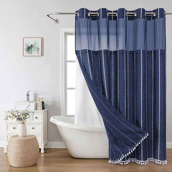 No Hook Extra Long Shower Curtain Set with Snap-in Liner,Linen Textured Thick Striped Fabric with Tassels,Boho Chic Modern Farmhouse Bathroom Curtain,Water-Repellent,Navy Blue,71x86