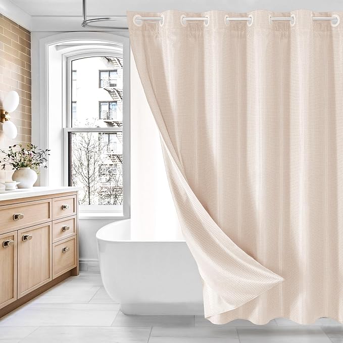 MitoVilla Pink Long Shower Curtain Liner Set 72 x 80, No Hooks Needed 80 inch Long Heavyweight Waffle Fabric Shower Curtain Set with Snap-in Liner for Hotel Grade Spa-Like Bathroom Decor, Blush Pink