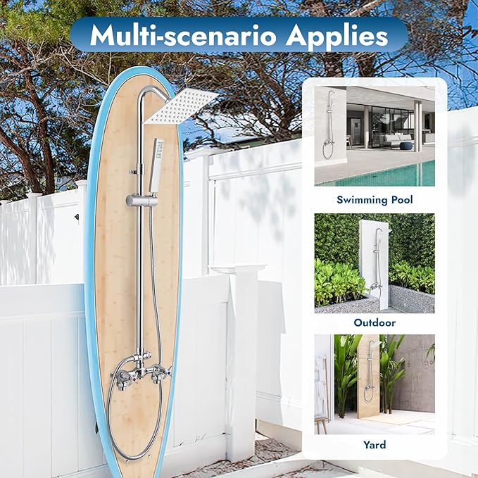 Wall Mount Outdoor Shower Kit Polish Chrome 6" Square Rainfall Shower Head with Hand Held Spray Double Cross Handles with Adjustable Slide Bar Exposed 2 Function Shower Faucet Fixture