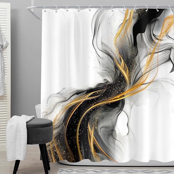 Cinbloo Black and Gold Marble 72Wx72H Shower Curtain Abstract Ink Texture Modern Ombre Grey Golden Minimalist Elegant Luxury Aesthetic Bathroom Curtain Set Neutral Bath Bathroom Accessories Decor