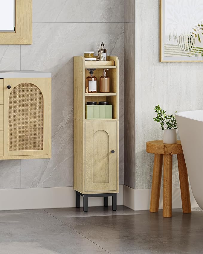 Bathroom Storage Cabinet, Small Corner Floor Cabinet with Door and Shelves, Narrow Toilet Paper Holder, Bathroom Organizer with Adjustable Shelf, for Small Spaces, Yellow BC08202B