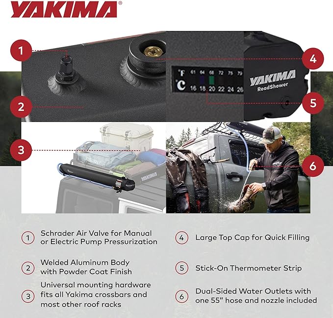 Yakima RoadShower Portable Aluminum Pressurized Water Storage with Garden Hose Adapter and 2 Outlet Water Ports