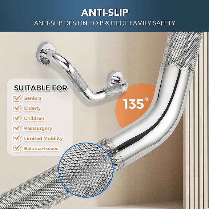 Grab Bars for Bathtubs and Showers- 1-1/4 x 16 Angled Shower Grab Bar for Seniors Knurled Stainless Steel Handicap Grab Bars for Wall (Polished Nickel, 2 Pack)