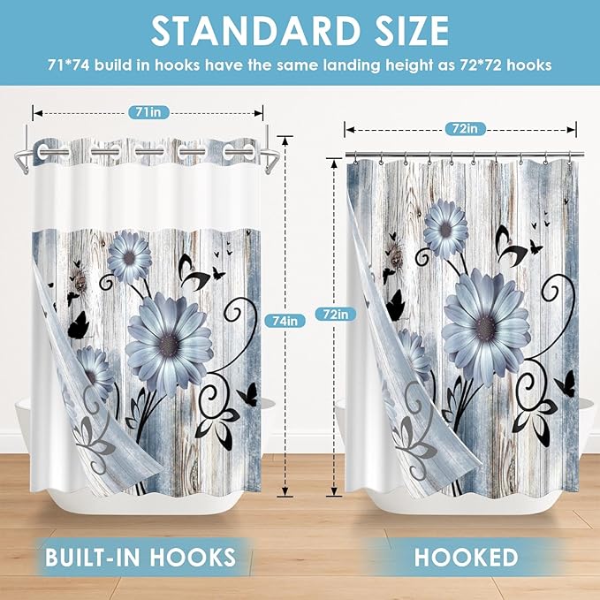 No Hook Blue Flower Shower Curtain with Snap in Fabric Liner Set, Daisy Rustic Farmhouse Double Layers Waterproof Fabric with See Through Top Window Open Grommet Bath Curtain 71x74 Inch