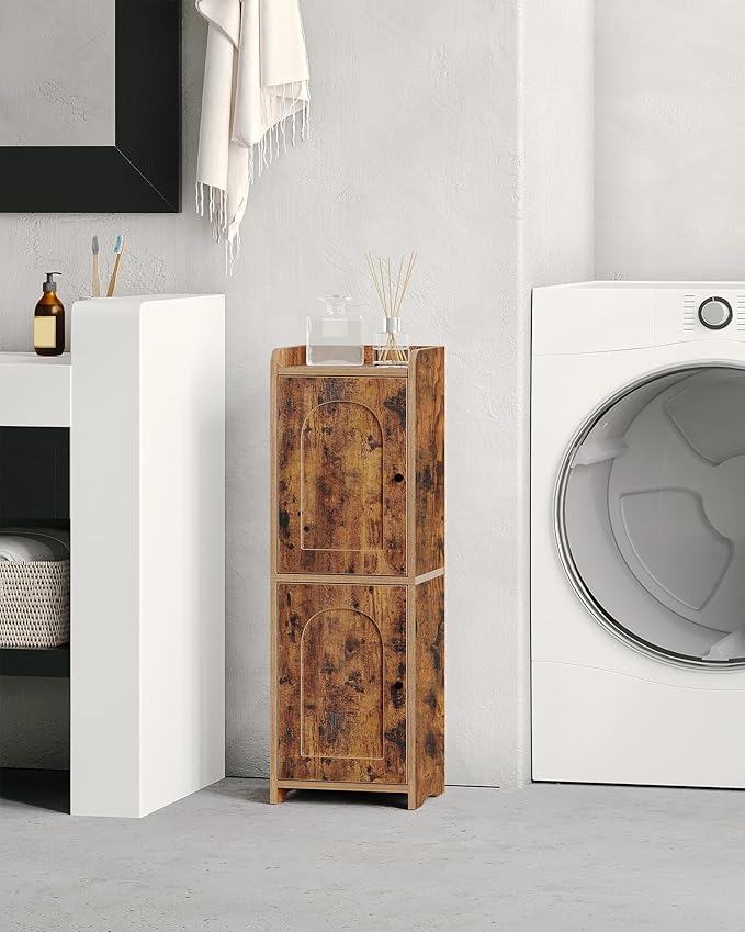 Bathroom Storage Cabinet, Corner Floor Cabinet with 2 Doors and Adjustable Shelf, Narrow Toilet Paper Cabinets, Bathroom Organizer for Small Spaces, 7.9" D x 9.8" W x 29.5" H Rustic Brown