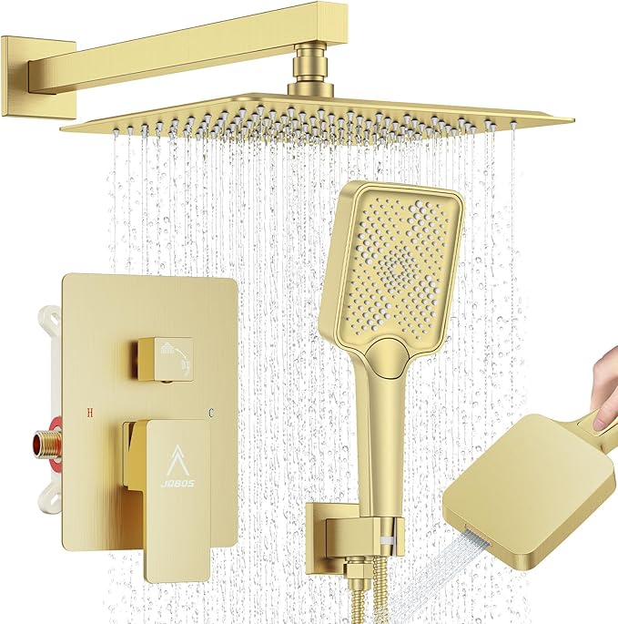 Shower System 10IN Modern Rain Brass Faucet Set With Valve and Diverter Shower Mixer With Handheld High Pressure Square Rainfall Shower Valve (10'' Wall Mount, Brushed Gold)