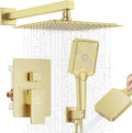 Shower System 10IN Modern Rain Brass Faucet Set With Valve and Diverter Shower Mixer With Handheld High Pressure Square Rainfall Shower Valve (10'' Wall Mount, Brushed Gold)