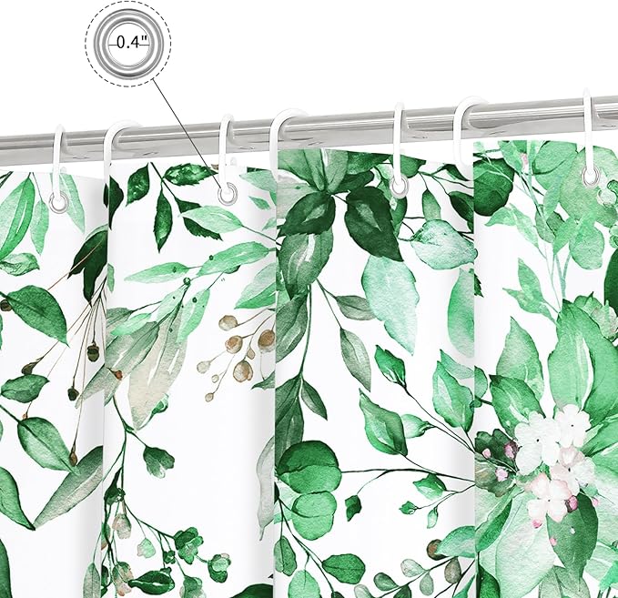 Gibelle Emerald Green Eucalyptus Shower Curtain, Watercolor Plant Leaves with Floral Bathroom Shower Curtain Set, 72x72