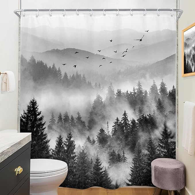 Riyidecor Black and White Shower Curtain 72Wx96H Inch Extra Long Mountain Scenery Nature Pine Tree Cool for Mens Scene View Landscape Bathroom Decor Fabric Polyester Waterproof 12 Pack Hooks