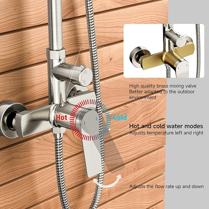 Rainsworth Outdoor Shower Kit Brushed Nickel - Single Handle Brass Valve, 8 Inch Rain Shower Head and Handheld Spray Shower Fixture Combo, 304 Stainless Steel Wall Mount