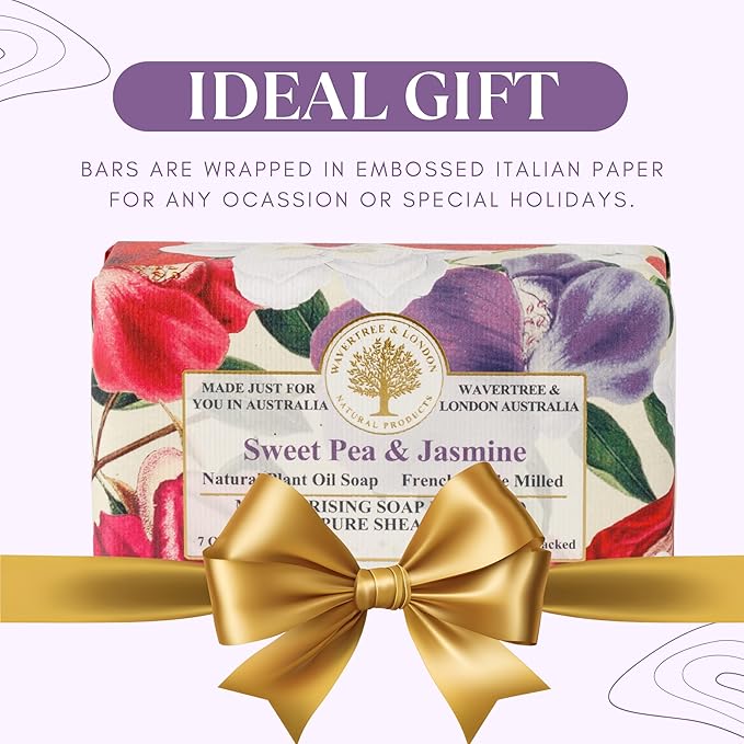 Wavertree & London Sweet Pea & Jasmine Scented Natural Soap (2 Bars), 7oz Moisturizing French Triple Milled Soap Bars enriched with shea butter - Pure Plant Based Bath & Body Bars for All Skin Types