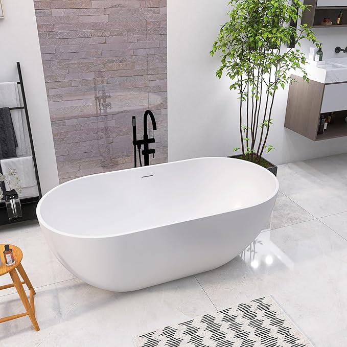 59 Inch Freestanding Bathtub Oval Shaped Solid Surface Resin Stone soaker Freestanding Tubs Matte White Soaking Tub with Overflow and Pop-up Drain (white)307-1500