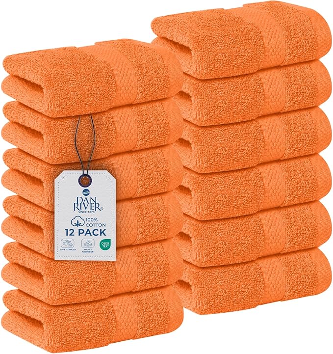 DAN RIVER 12-Pack Premium 100% Cotton Orange Face Towels – Reusable Face Towel Set, Soft & Absorbent Luxury WashCloths for Bathroom & Body – Hand and Face Towels, 550 GSM (12x12 in)