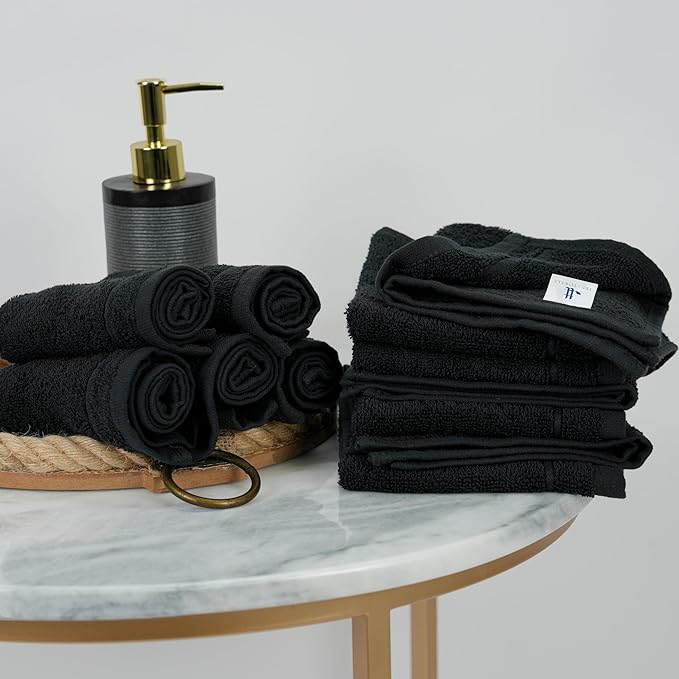 Tens Towels Pack of 60 Washcloths, 12 x 12 Inches, Lighter Weight, Quick to Dry, Super Soft & Absorbent, Gentle Face Towels, Hotel Quality, Perfect for Bathroom, Gym, Spa (Black, 60 Pack)