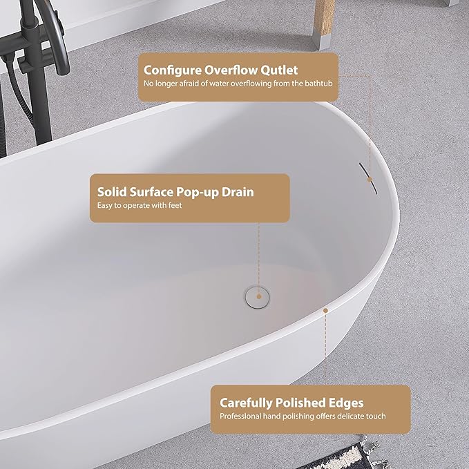 SJ STAR&JANE 47" Solid Surface Freestanding Bathtub Modern Stone Resin Oval Soaking Tub with Side Drain in Matte White