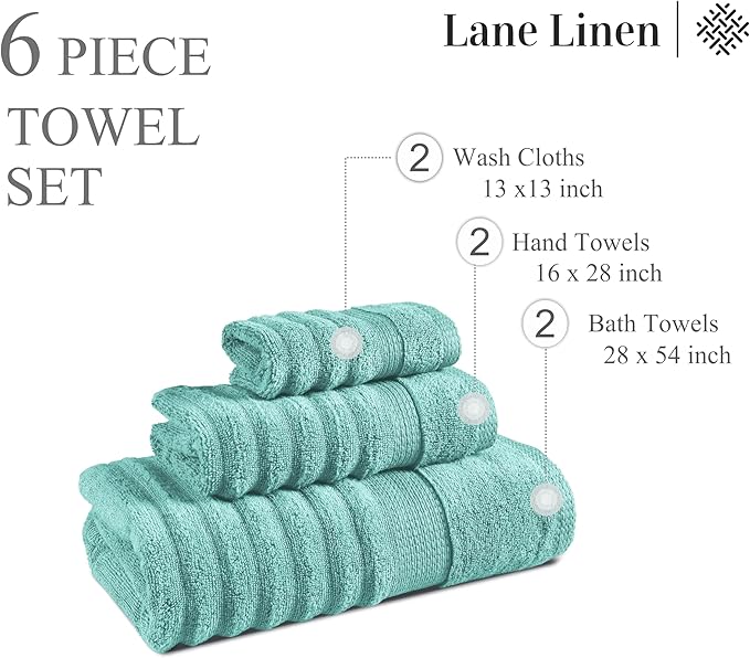 LANE LINEN Bathroom Towels Set - 2 Bath, 2 Hand Towels for Bathroom and 2 Wash Cloths for Body - Highly Absorbent, Soft, Premium 100% Cotton Bath Towel Set for Everyday Use (Set of 6) - Aqua Sky