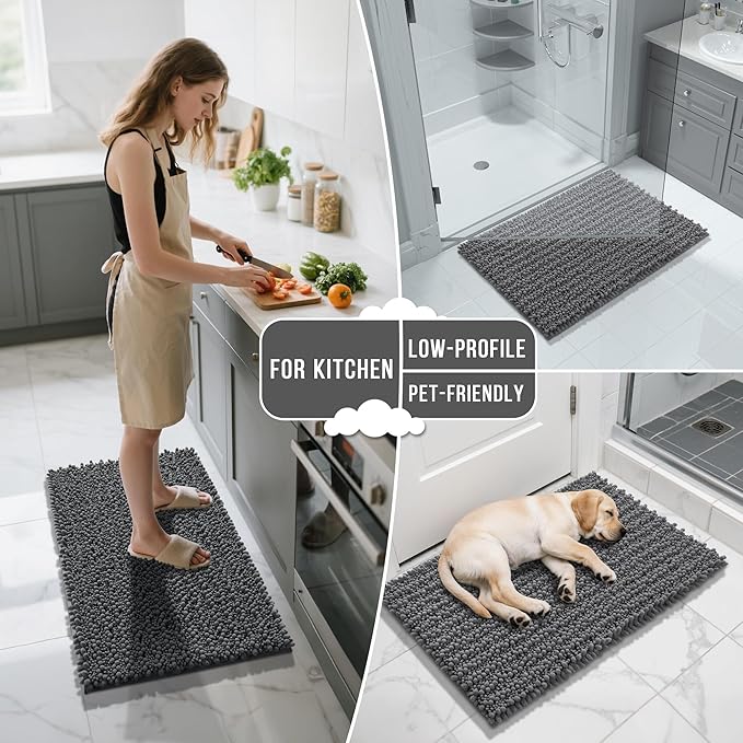 Yimobra Bathroom Rugs Sets 2 Piece - Quick Dry Extra Thick Luxury Chenille Bath Mat, Non Slip Super Absorbent for Tub Shower Sink, Machine Washable Shaggy Floor Mat, 32"x20"+24"x20" Inch, Dark Grey