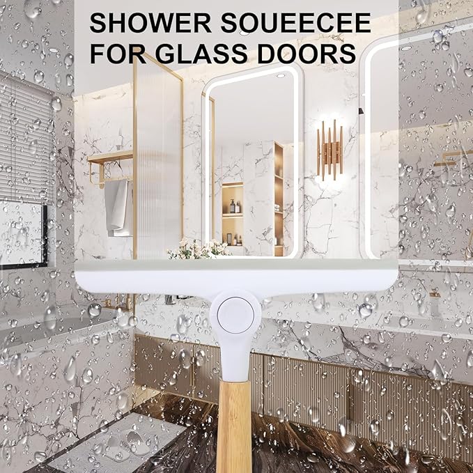 9.5" Shower Squeegee, Handheld Squeegee with Wooden Handle for Window Cleaning，Glass Doors, Car Windshields，Shower Doors，Grey