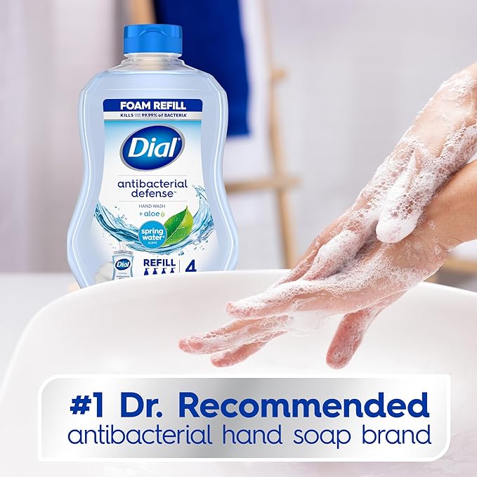 Dial Antibacterial Defense Foaming Hand Soap + Aloe, Spring Water Scent, 30 Fl Oz Hand Soap Refill (4 Pack), Dermatologist-Tested, Gentle on Skin