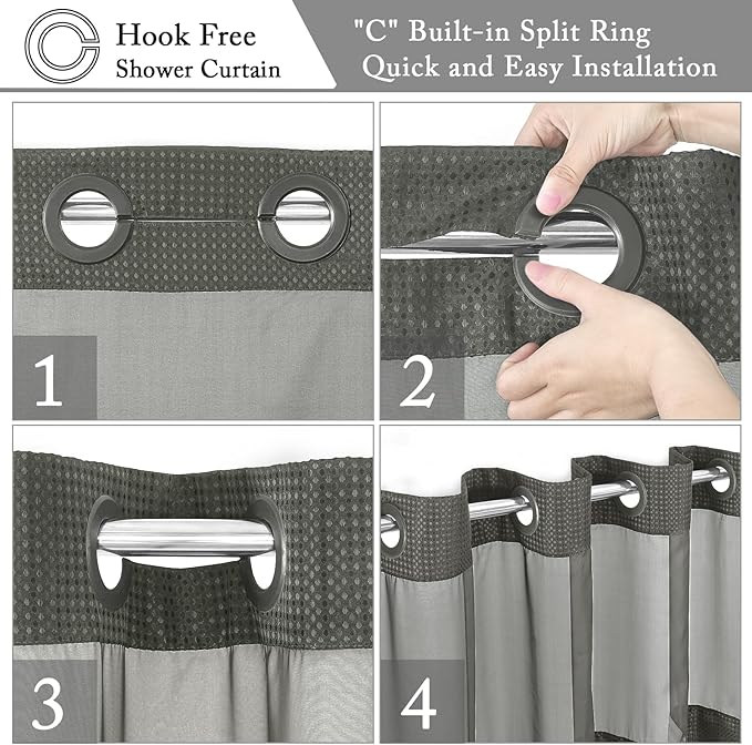 Gibelle No Hook Waffle Weave Shower Curtain with Snap-in Fabric Liner Set for Bathroom, Hotel Style with Mesh Top Window, Waterproof & Washable, Charcoal Grey, 72x74