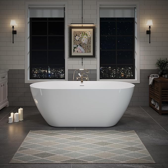 ABRUZZO 60" Acrylic Freestanding Bathtub - Oval Deep Soak Tub, Center Drain & Overflow, cUPC Certified Glossy White