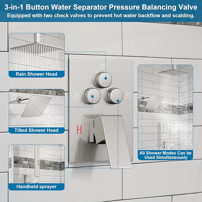 Shower Faucet Set Brushed Nickel Shower System, Ceiling Mount 10 Inch Shower Head With Wall Mount 6 Inch Shower Head and 2 in 1 Handheld Spray, Push Button Diverter Shower Valve Trim Kit