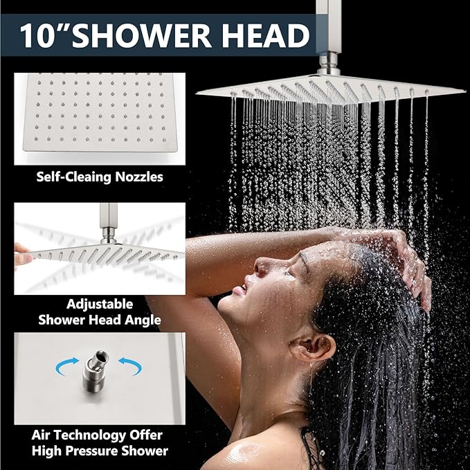 Aolemi Shower Faucet Set Ceiling Mount Shower System Rough-in Valve and Shower Trim Kit 10 and 6 Inch Dual Shower Head 2 in 1 Handheld Spray Push Button Diverter Brushed Nickel