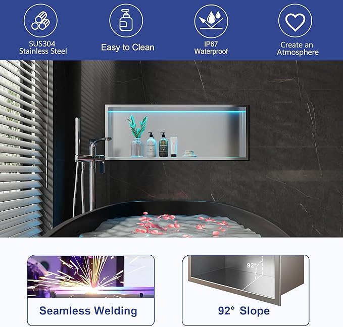 30X12 RGB Shower Niche, Brushed Nickel Stainless Steel LED Recessed Storage, No Tile Needed Wall Niche for Bathroom Storage Over Mount Installation