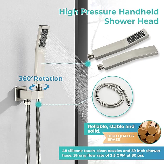 WELLFOR Wall Mounted Shower Faucet Set, Bathroom Showers Faucets, Shower System With 10" Square Rain Shower Head and Handheld, 2.5 GPM, Rough in Valve, Hot Cold Water, Single Handles (Brushed Nickel)