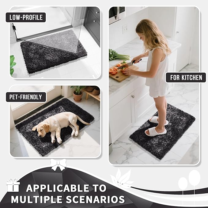 Yimobra Chenille Bathroom Rugs Non Slip, Extra Thick Soft Absorbent Bath Rug 31.5x20 Inch, Machine Washable Quick Dry Bath Mat for Bathroom Floor, Tub and Shower, Home Decor Accessories, Dark Grey