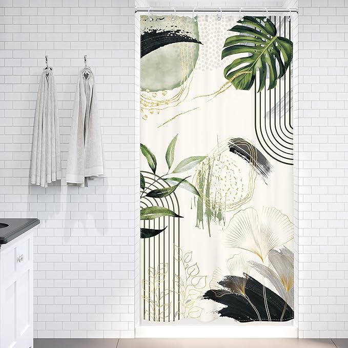 Grey Green Boho Small Shower Curtain 36Wx72H Stall RV Narrow Tropical Palm Leaves Abstract Modern Gold Leaf Mid Century Plant Bathroom Decor Botanical Bath Curtain Fabric Polyester 7 Pack Hooks
