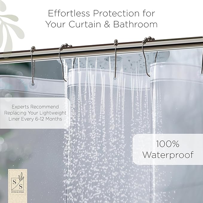 Stitch & Stone Shower Curtain Liner, Premium Lightweight Durable Waterproof 4g PEVA for Bathroom with Weighted Magnets, Standard Size 70" x 72" Frosty 2 Pack