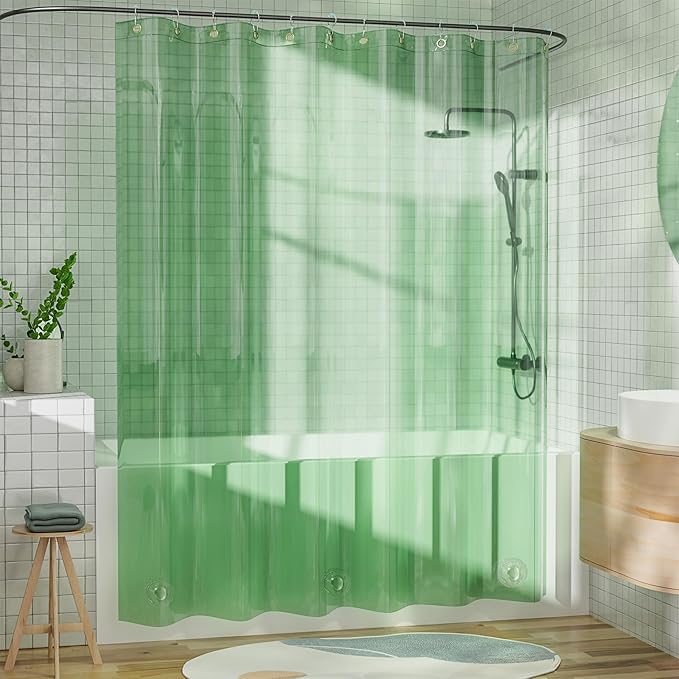 AmazerBath Heavy Duty Shower Curtain and Liner 2-in-1, 100% EVA Luxury Soft Clear Mint Green Shower Curtain Liner, 72x72 Plastic Weighted Shower Curtain, 12 Rustproof Grommets & 3 Heavyweight Stones