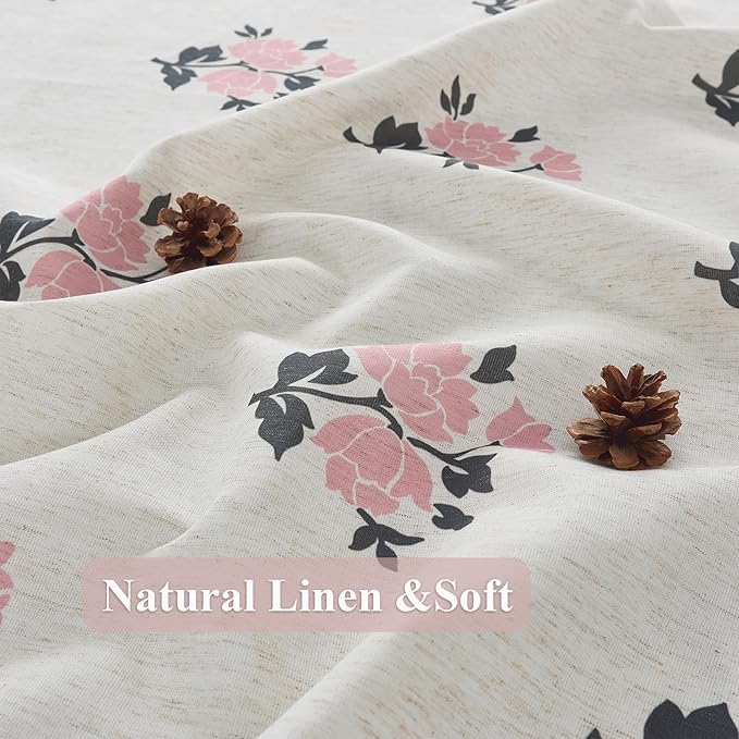 ORTIGIA Boho Pink Shower Curtains for Bathroom Linen Farmhouse Shower Curtain Set with Metal Hooks Block Print Floral Waterproof Aesthetic Rustic Fabric Bath Curtain for Home, Weighted, 72x72