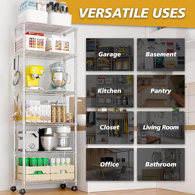6 Tier Storage Racks Shelving, Heavy Steel Pantry Shelves, Adjustable Wire Shelving Rack with Wheels, Suitable for Garage, Kitchens, Offices, 24" W x 14" D x 72" H, Grey Silver
