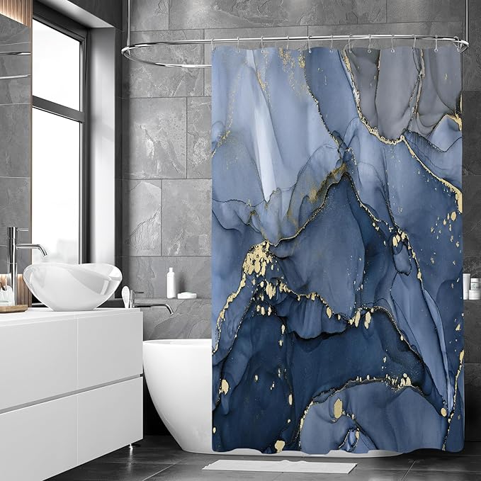 Extra Long Shower Curtain 72 x 96 Inch, Navy Blue Floor to Ceiling X-Long Abstract Marble Shower Curtains for Bathroom, Modern Luxury Art Ink Fabric Shower Curtain Set with Hooks