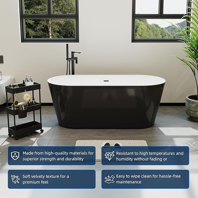 67'' Freestanding Bathtub, Deep Soaking Tub with Non-Slip Base, Acrylic, cUPC Certified Free Standing Tub, Chrome Drain Bath Tub, Modern Tub for Bathrooms, Black