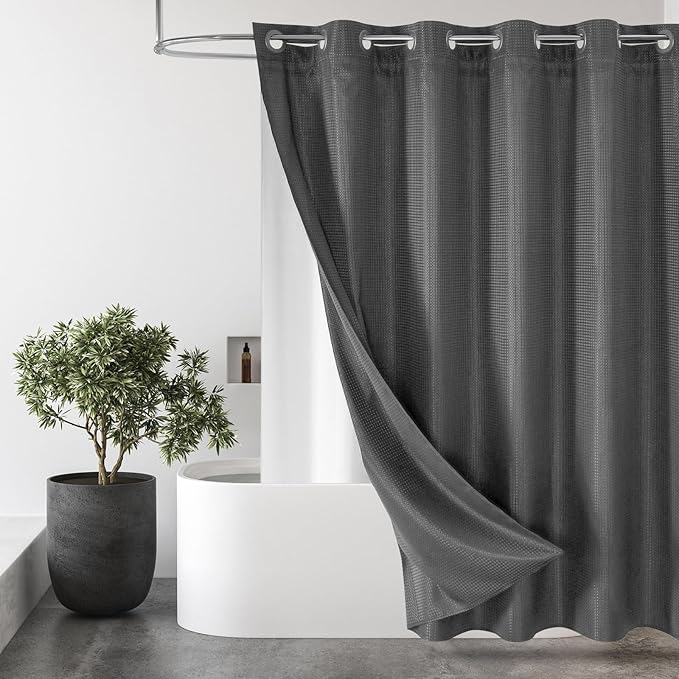 MitoVilla Grey Long Shower Curtain Liner Set 72 x 80, No Hooks Needed 80 inch Long Heavyweight Waffle Fabric Shower Curtain Set with Snap-in Liner for Hotel Grade Spa-Like Bathroom Decor