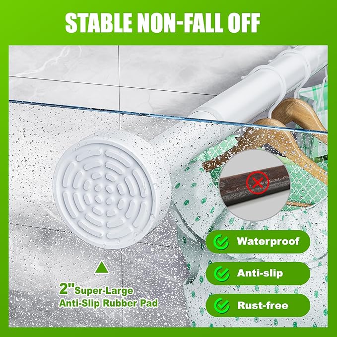 Ausemku Shower Curtain Rod - 32-104 Inch Rustproof Tension Rod, Non-Slip Spring Design, No Drilling Adjustable Curtain Rod for Bathroom, Kitchen, and Closet（White）