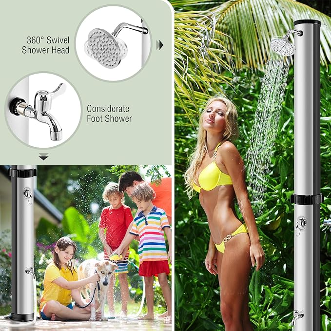 LDAILY Outdoor Shower, 10 Gallon Solar Heated Pool Shower with 360° Rotating Shower Head & Foot Tap, 7.2FT Freestanding Outside Shower Kits for Backyard, Beach, Garden (Black+Silver)