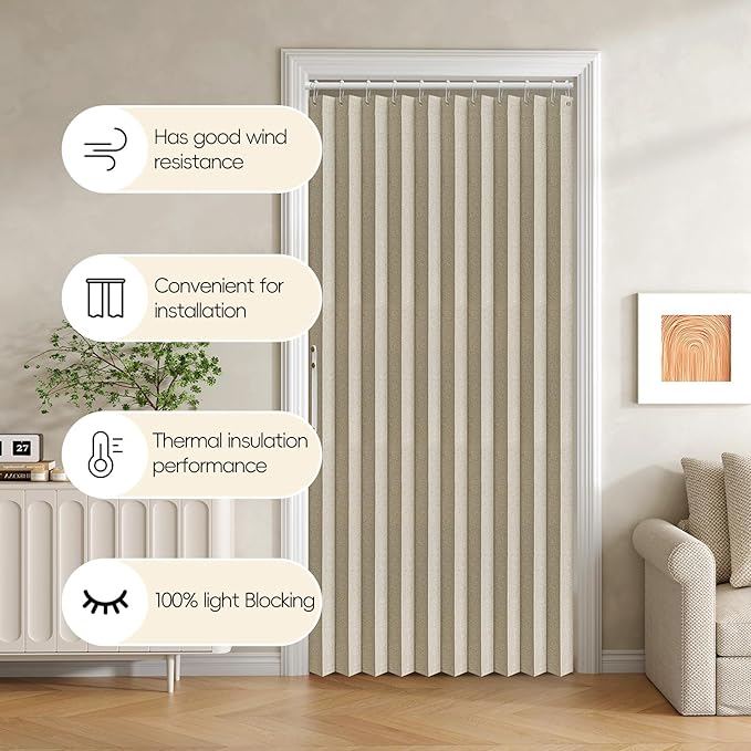 Accordian Door Curtain, 100% Blackout Folding Magnetic Doorway Curtains,Linen Style Closet Doors,for Room Divider,Privacy Protection（W52 x L78,Beige,1 Panel）