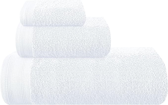 Ultra Soft 3 Pack Cotton Towel Set, Contains a Bath Towels 28x55 inch, a Hand Towels 16x24 inch & a Wash Coths 12x12 inch, Ideal Everyday use, Compact & Lightweight - White, Medium