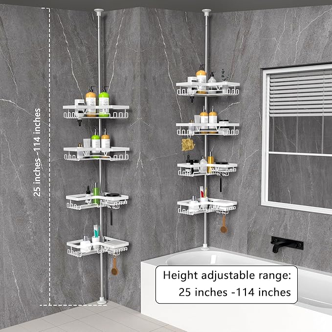 KEGII Corner Shower Caddy Tension Pole - Shower Tension Rod Organizer, Floor to Ceiling Shower Caddy 25-114.2 inch, Bathroom Rack Corner Waterproof, Pure White
