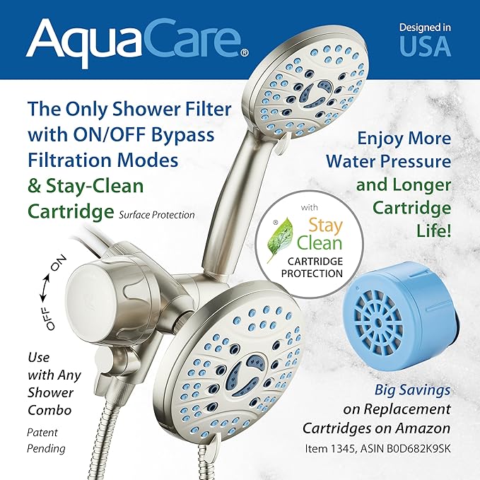 AquaCare Skin & Hair - World's Only Shower Head Combo Filter with Built-in 3-way Water Diverter, ON/OFF Filtration Modes, Instant Cartridge Reload & Stay-Clean American KDF Cartridge, Satin Nickel