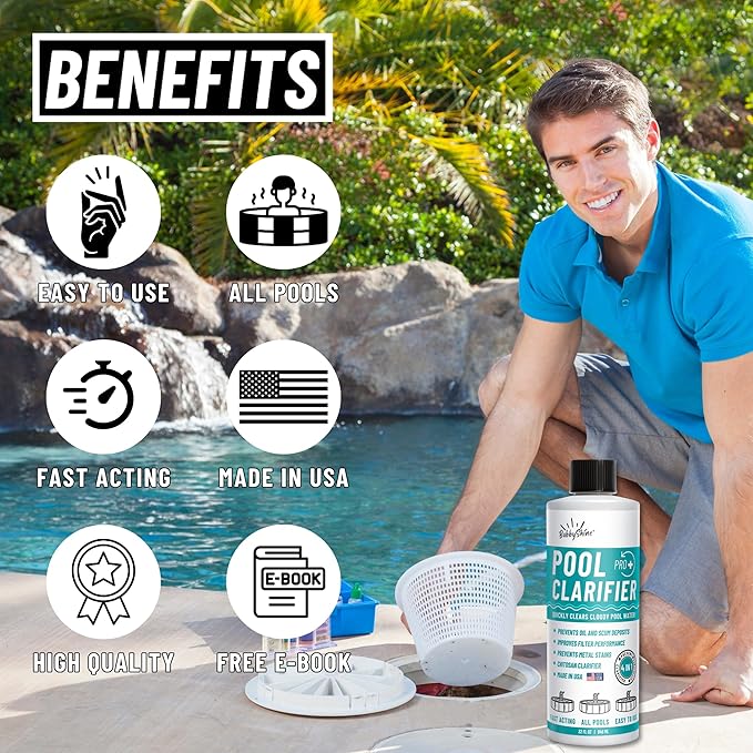 Pool Clarifier - Natural Chitosan Clarifier, Swimming Pool Cleaner Liquid, Cloudy Pool Water Treatment, Pool Chemicals for Inground Pools & Above Ground Pools, 32oz