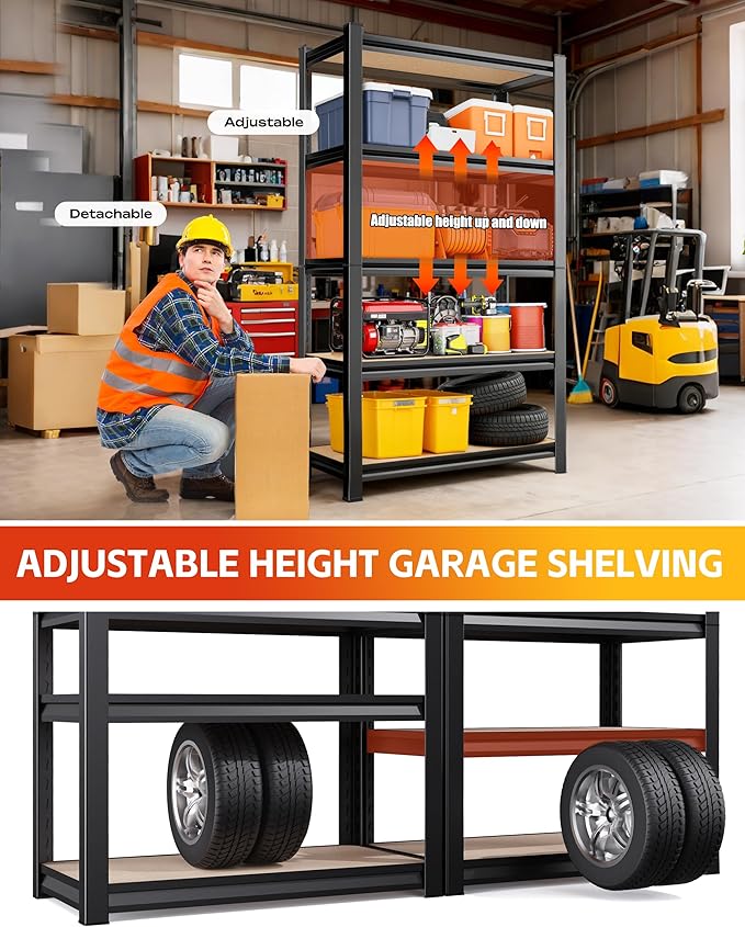 Set of 5 Garage Shelving 5-Tier Heavy Duty Storage Shelves, Adjustable Metal Shelving Unit, Utility Garage Organizer Shelf for Basement, Pantry, Kitchen, Warehouse,15.7" D x 35.4" W x 71.2" H