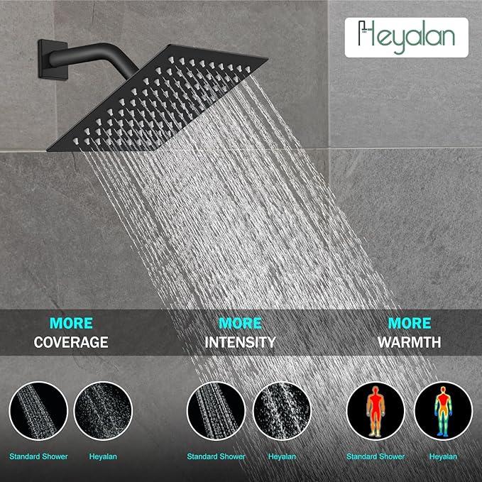 Heyalan 8 Inch Shower Head and Handle Set Square Shower Faucet Set Bathroom Rainfall Shower System Stainless Steel Showerhead Single Function Shower Trim Kit,Female Thread Valve,Matte Black